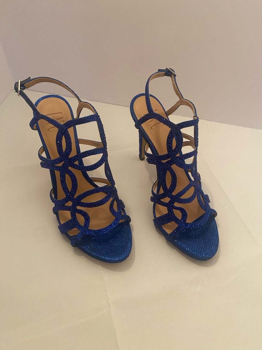 INC International Concepts Sahvi Blue Rhinestone Caged Stiletto Heels Size 8M